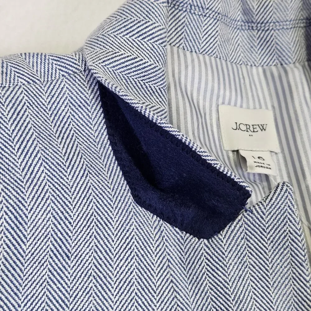 J.Crew Herringbone Blazer Women 16 Cotton Linen Blue White Preppy Academia CL240